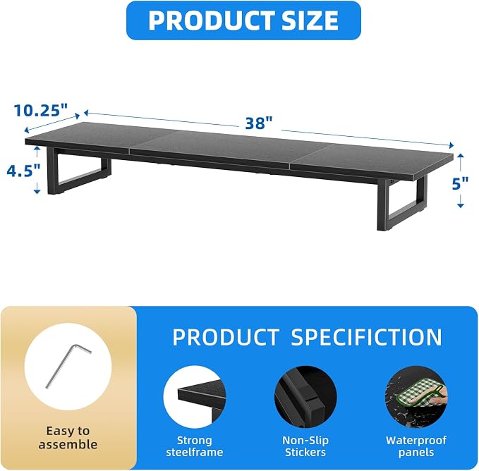Simple Trending 38" Dual Monitor Stand Riser, Desk Organizer, Black | Laptop & Printer Stand, for 2 Monitors, Wood and Steel, Ergonomic Support, Easy Setup, Home Office Desk, 38"W x 10.25"D x 5"H