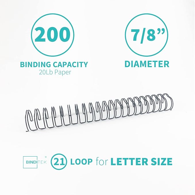 Binditek 50 Pack Double Loop Wire Binding Spines, 7/8Inch Binding Wire for Letter size, 2:1 Pitch, 200 Sheet Capacity, 21-Loop, Black, for Students and Coworkers