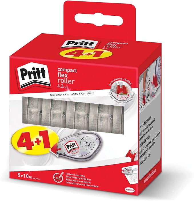 Pritt Compact Flex 2382016 Correction Roller, Easy to Use with Flexible Tip, Tape Length 10 m, Tape Width 4.2 mm, Pack of 5 Economy Set, White