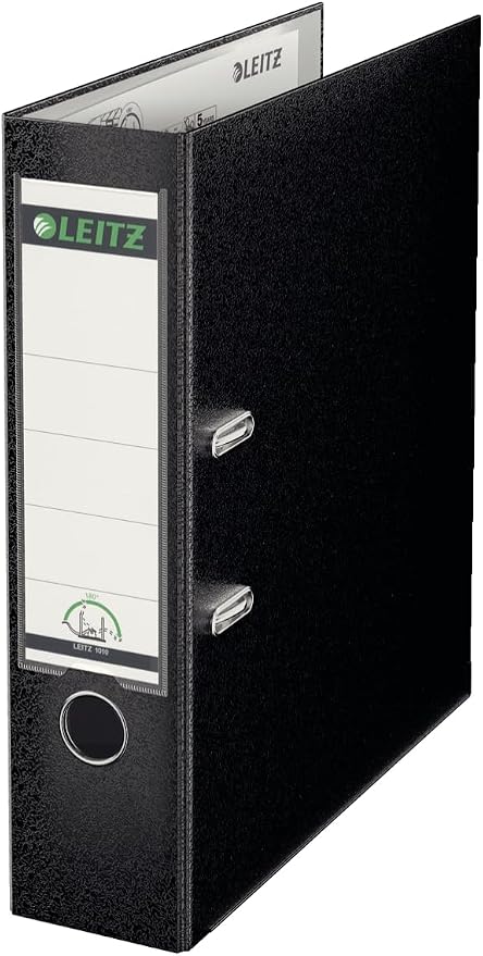 Leitz Plastic Lever Arch File, 90 Percent Recycled Card, 30 Percent Pre-Consumer Recycled Plastic, with Thumbhole and Rado Rings, 80mm Spine 600 Sheet Capacity, Black, 10101095