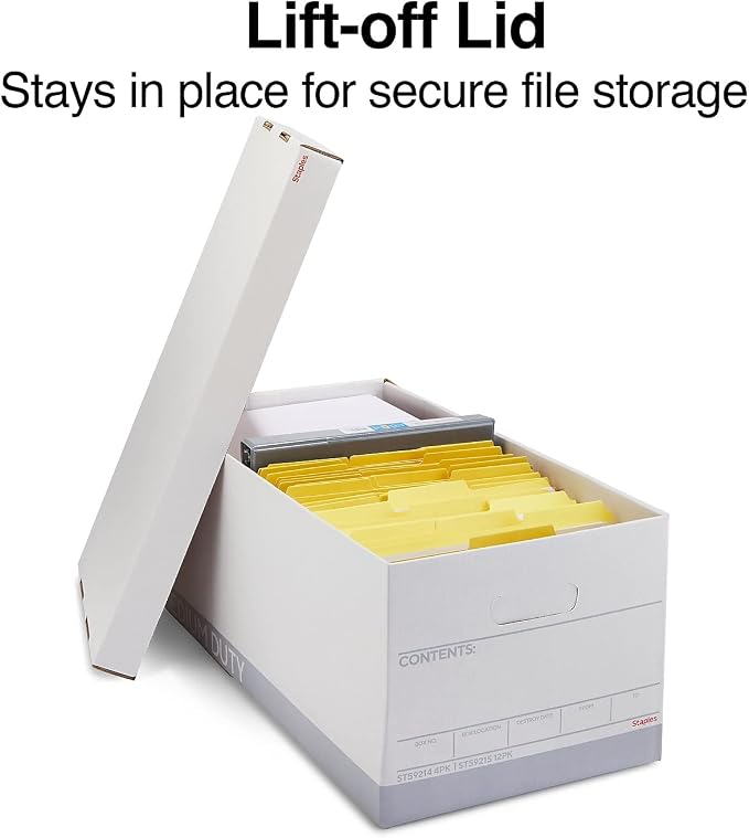 STAPLES Storage & Filing Box, Letter Size, Stackable, 12-Pack, White/Gray | Medium-duty boxes with handles and removable lid for document storage.