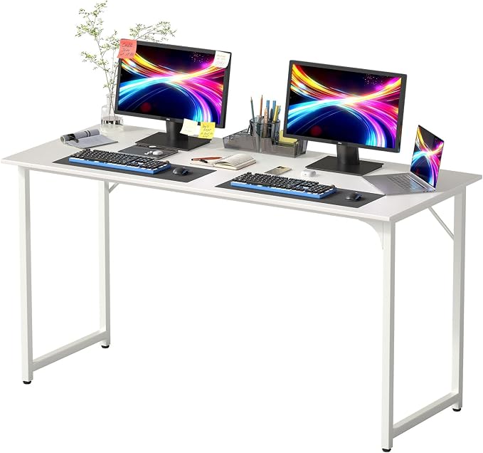 PayLessHere | 55 Inch Computer Desk | White | Office Desk with Metal Frame, Adjustable Feet | Water-Resistant, Scratchproof Surface | Sturdy Writing Table for Home Office or Study | Pack of 1