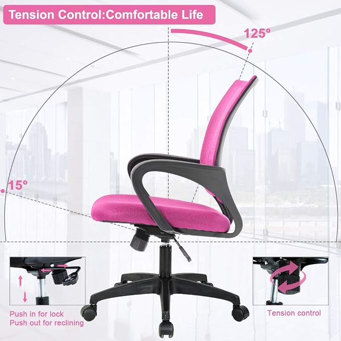 BestOffice | Ergonomic Office Chair | Mid-Back Swivel Desk Chair | Breathable Backrest & Lumbar Support | Adjustable Height | Sponge Seat | Rolling Wheels | Pink | for Adults & Women | Pack of 2