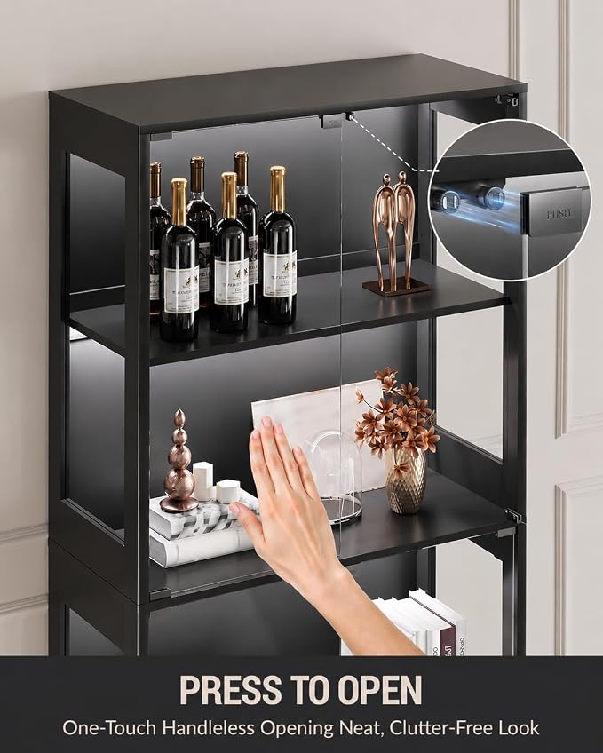 Display Cabinet with Glass Doors, 4-Tier Curio Cabinet with Adjustable Shelves, Glass Display Case for Collectibles, 60000 Color LED Lights with App & Remote Control, Metal Base Storage Cabinet, Black