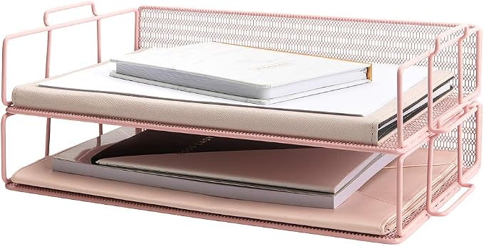 BLU MONACO | Paper Tray Stackable Pink Mesh Set of 2 | Stackable File Trays for Desk Organization | Tiered Desk Organizer with Metal Letter Trays and Workspace Organizer