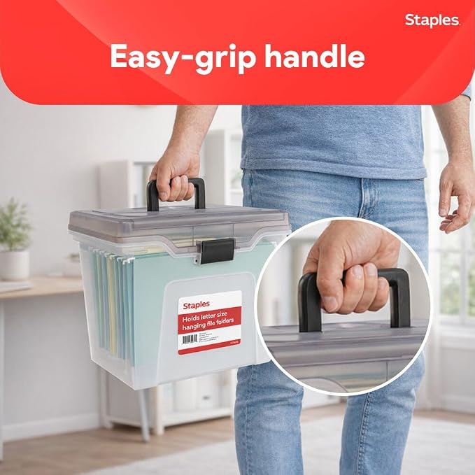 Staples File Box Portable Tote, Letter Size, Clear, 2/Pack | Lightweight storage tote for transporting and organizing hanging files.