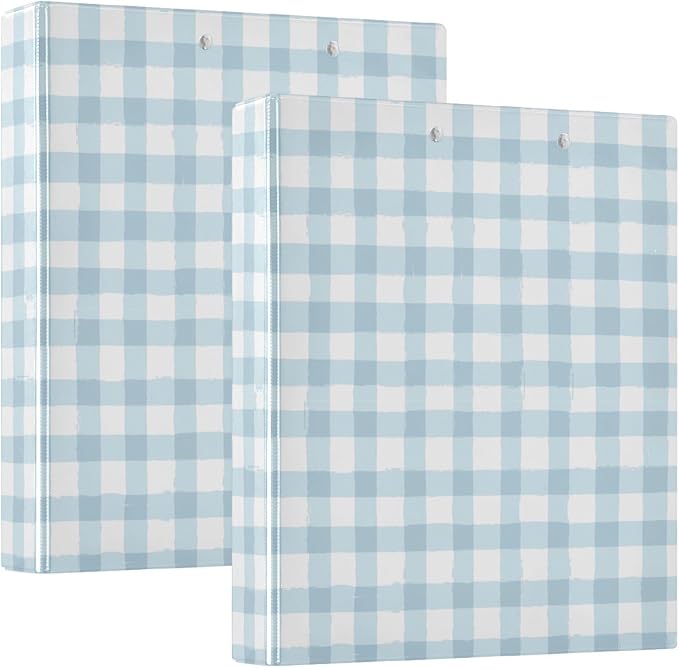 Blue Gingham Round Ring Binders 1.5 Inch 3 Ring Binder with Clipboard Holds 200 Sheets Office Home School