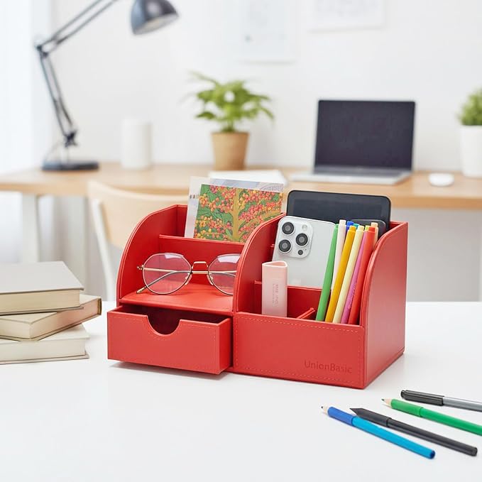 UnionBasic Desk Organizer - Multifunctional Leather Desktop Pen Holder Storage Box - Business Card/Pen/Pencil/Mobile Phone/Stationery Holder, Red