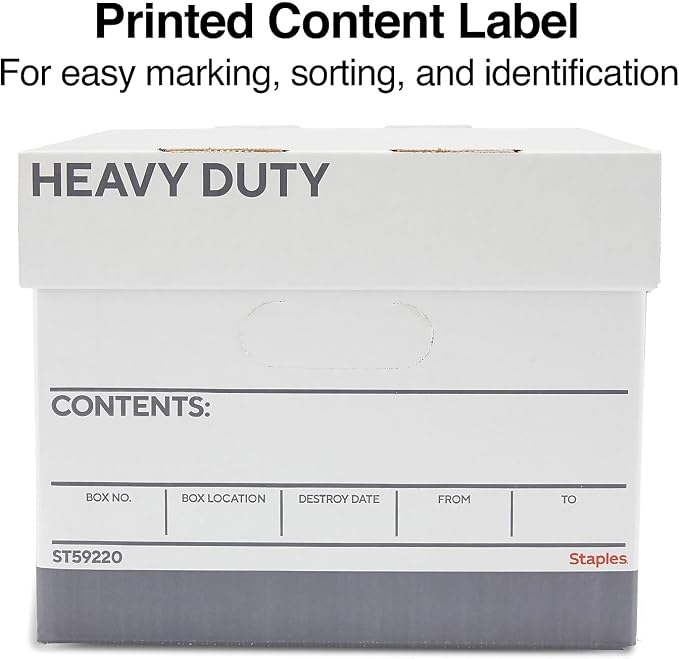 Staples Triple Wall Heavy Duty File Box, Lift-Off Lid, 12/Carton | White/gray boxes for letter or legal documents in bulk storage settings.