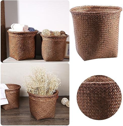 Woven Rattan Trash Can Wastebasket for Bathroom Bedroom Kitchen Small Garbage Cans Home Textile Storage Straw Rubbish (Coffee, One Size)