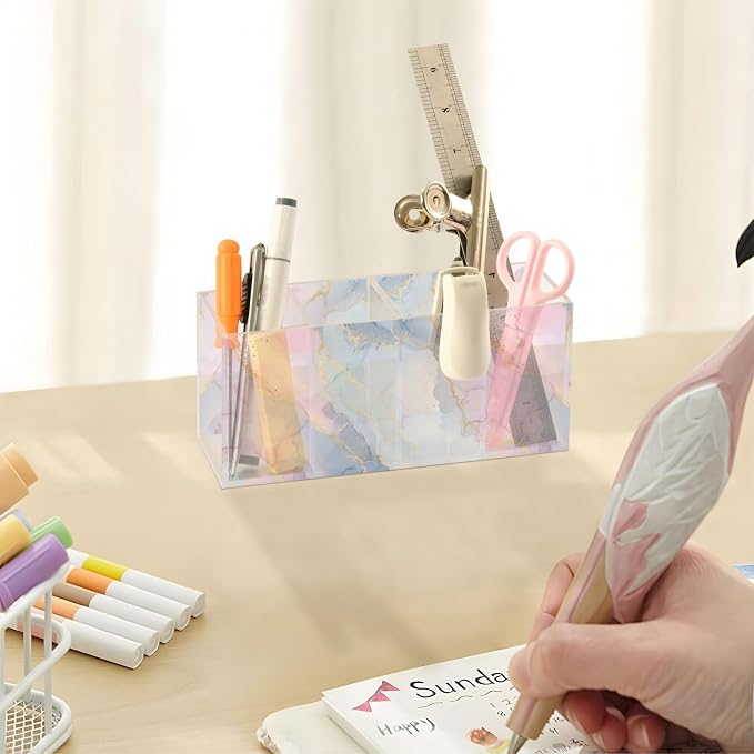 Colorful Tie Dye Acrylic Printed Pen Holder 4 Compartments, Acrylic Plastic Pen Holder Cosmetic Brush Holder Desk Pen Holder Marker Organizer Square Acrylic Pen Holder 4 Compartments