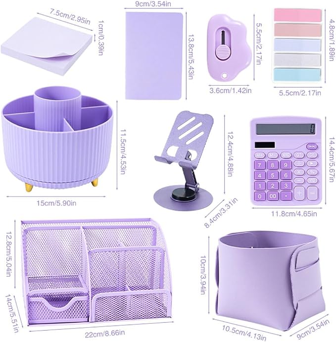 Gawsey Desk Organizers and Accessories with Desk Organizer 360° Rotating Pen Holder and Office Supplies, Cute Stationery Supplies Set (Purple)