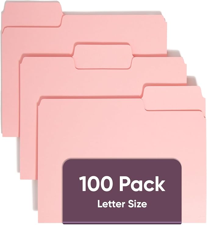 Smead Standard File Folders, 100 Count, Pink, 1/3-Cut Tabs, Letter Size (12643)
