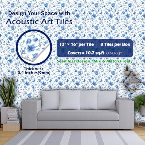 PINWELIFE® Acoustic Art Tiles – 8-Pack 12"x16" Sound Absorbing Panels, Seamless Wallpaper-Style Decorative Acoustic Wall Art, Echo Reduction for Home Studio/Office, Nano Tape Included