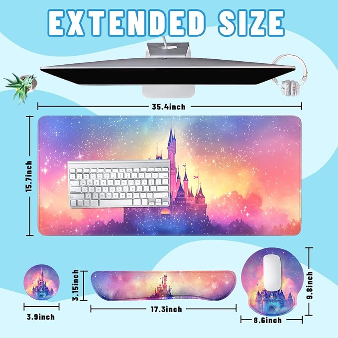 Castle Mouse Pad Set Fantasy Sunset Sky Dreamscape Gaming Mousepad 4in1 Desk Mat for Desktop Wrist Support Cup Coaster Set Ergonomic Computer Desk Arm Wrist for Decor Home Office
