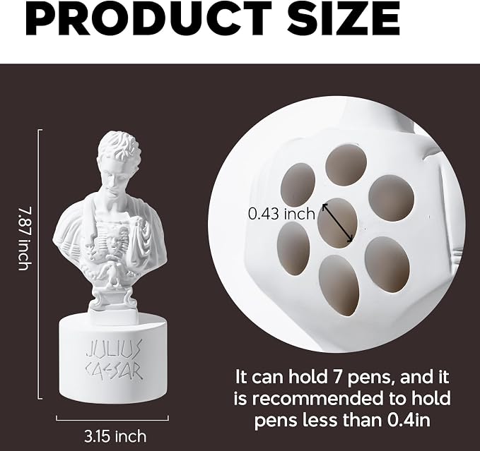 Julius Caesar Pencil Holder, 7.87" Resin Bust Statue with Back Stabbed Holes, Roman Desk Organizer
