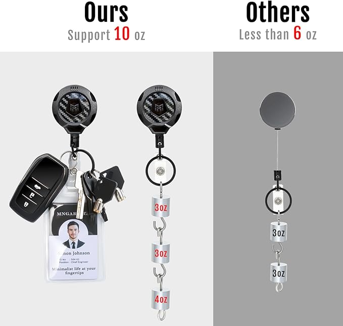 MNGARISTA Upgraded Heavy Duty Retractable Keychain with Belt Clip, 10 OZ Retraction, 31.5" Stainless Steel Cord Key Chain, 3K Carbon Fiber ID Badge Reel Holder with Badge Strap and Key Ring, 4 Pack
