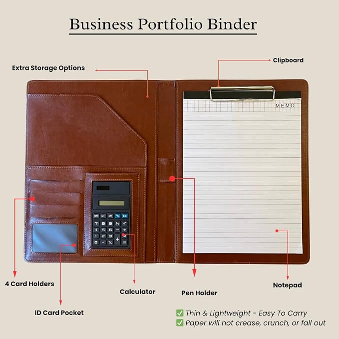 Leather Portfolio Binder for Business use, Document Organizer with Smart Storage, Calculator, Writing pad, – padfolio All in one, Professional Binder Portfolio for Women and Men