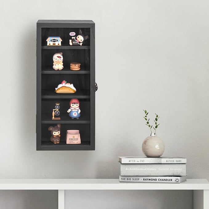 Ikee Design Wood 5 Shelf Wall-Mounted Case Display,Tempered Glass Door | Wall Mounted Wooden Collectible Display Case 5 Shelf Display Storage Accessories with Tempered Glass Door, Black Color