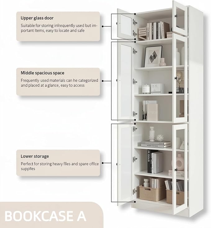 TUSY 85.5" Modern Tall Bookcase with Glass Doors, 7-Tier Wood Bookshelf with Storage for Home Office, Large Curio Cabinet for Living Room, Office, Bedroom, Family Room (White, AAA)