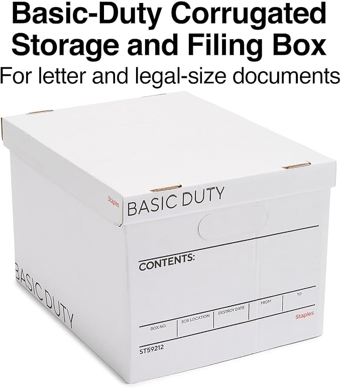 STAPLES Storage & Filing Box, Basic-Duty with Handles & Removeable Lid, Letter & Legal Size Documents, Stackable, 20-Pack, White/Black