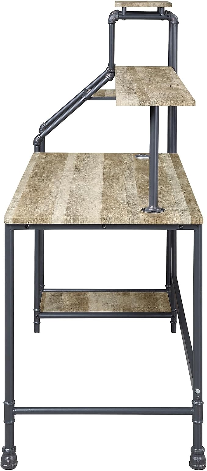 Antwonette Industrial Metal Office Desk with Reversible 3-Shelf Bookcase, LED Light, USB Port for Workstation, Home Office, Study Room, Light Oak Brown and Black