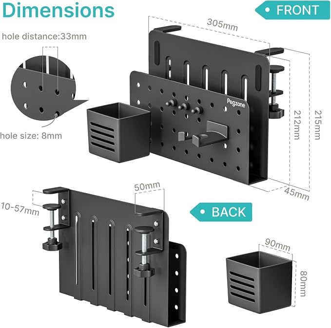 Desk Side Storage Organizer, Fits Flat Edge 0.4" to 2.2", Black | No Drill Under Desk Laptop Holder, Clamp on Desks Shelf with Pegboard Accessories, Hanging Laptop Mount
