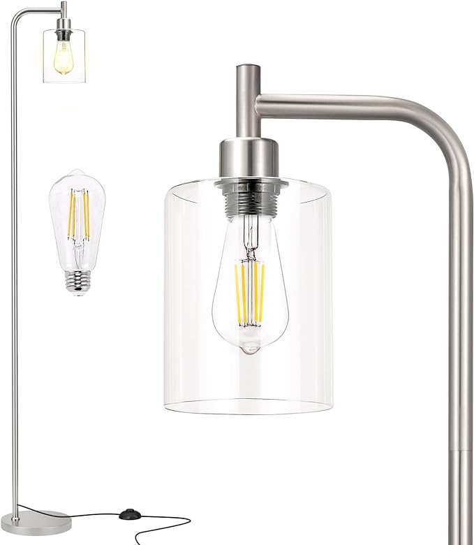 Ziisee Floor Lamps for Living Room - Industrial Standing Lamp with Glass Shade, Modern Floor Lamp with LED Bulbs, Tall Lamp for Bedroom Office - Brushed Nickel