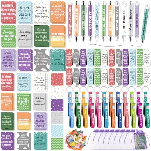 Pasimy 218 Pcs Inspirational Stationery Gifts Motivational Mini Notepad Pen Quote Bookmarks Stress Relief Stickers Inspiring Silicone Keychains for Home Office Appreciation Gift(Stylish)