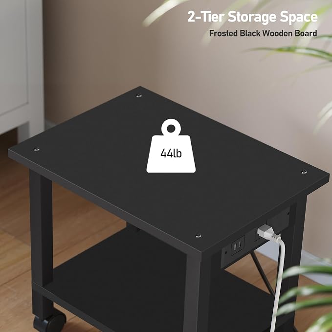 TUTOTAK Printer Stand, 2 Tier Rolling Printer Cart with Charging Station | Small Under Desk Printer Table with Wheels for Small Space, Office, Home, Black PS01BK001
