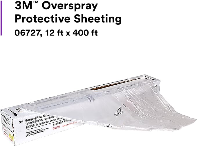 3M Overspray Protective Sheeting, 06727, 12 ft x 400 ft | 1 Roll, Tear Resistant, Durable, Paintable, High Density