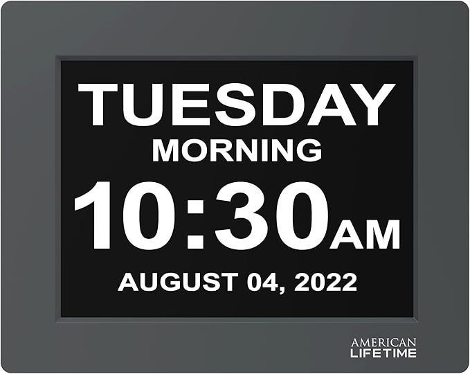 American Lifetime 【New 2024】 Dementia Clock Large Digital Clock for Seniors, Digital Clock Large Display with Custom Alarms, Clock with Day & Date for Elderly, Large Number Digital Clock Grey