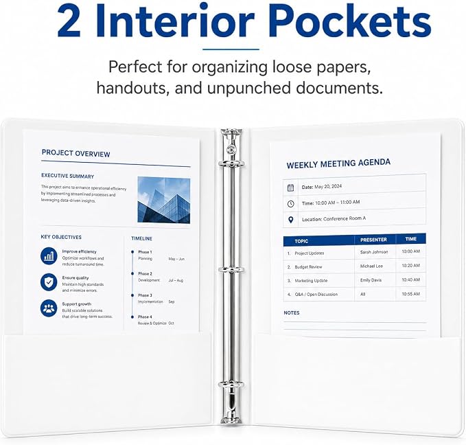 Durable 1 inch 3 Ring Binder White 8 Pack, PVC-Free Clear View Binder with 2 Interior Pockets, Holds 200 Sheets of 8.5" x 11" Paper for Teachers, Back to School,Home Office & Organization