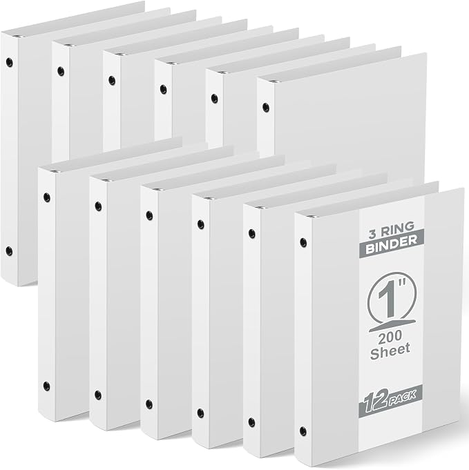 Henoyso 12 Pcs Plastic Flexible 1 Inch Mini 3 Ring Binders Fits 5.5" x 8.5" Paper, Holds(Capacity 200 Sheets), Three Round Rings Small White A5 Binders Bulk for School, Office Use, Photo Album