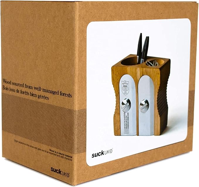 Suck UK Pen Holder - Wooden Pencil Sharpener - Stationary Organiser - Desk Tidy - Quirky Office Desk Accessories - Funny Pencil Pot - Novelty Pen Holder - Vintage Teacher Gifts For Men - Double