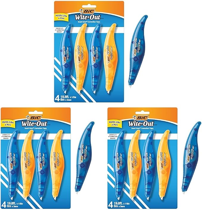 BIC Wite-Out Brand Exact Liner Correction Tape, 19.6 Feet, White, Fast, Clean and Easy to Use Tear-Resistant Tape, 4-Count (Pack of 3)
