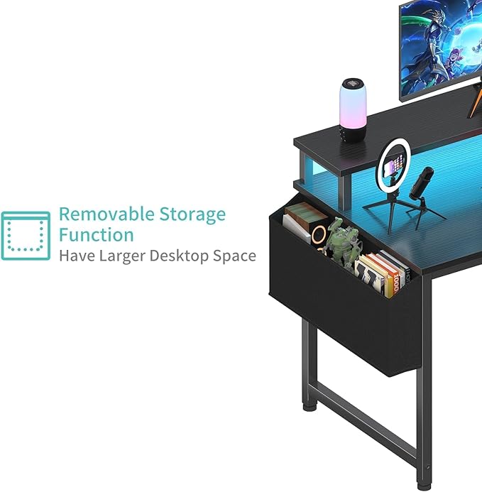 Lufeiya Black Gaming Desk with LED Lights and Power Outlets, 40 Inch Teen Writing Study Table Home Office Desks with Monitor Stand, Computer Desk with Charging Station USB Port, Black