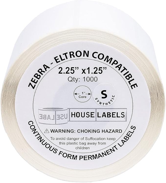 HOUSELABELS 2.25" x 1.25" Address Labels on 1" Core in Polypropylene Compatible with Zebra and Rollo Printers, 28 Rolls / 1,000 Labels per Roll