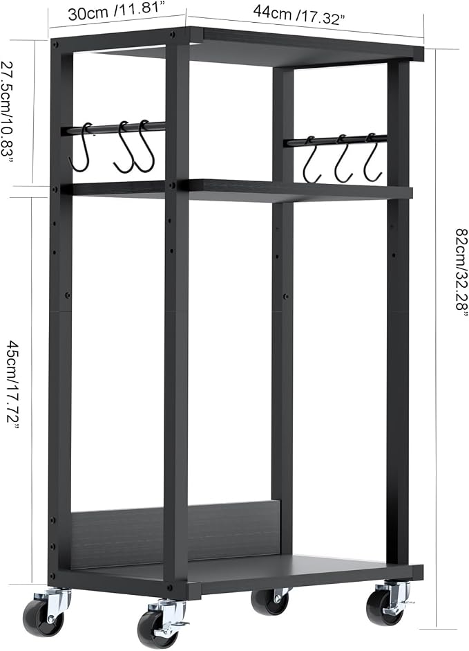 YMYNY 3-Tier Mobile Printer Stand 32.28 * 17.32 * 11.81" Black, HPT002B | Printer Cart with Adjustable Storage Shelf & 6 S-Hooks Tall Printer Table for Home Office,for Computer Tower Stand,Shredder