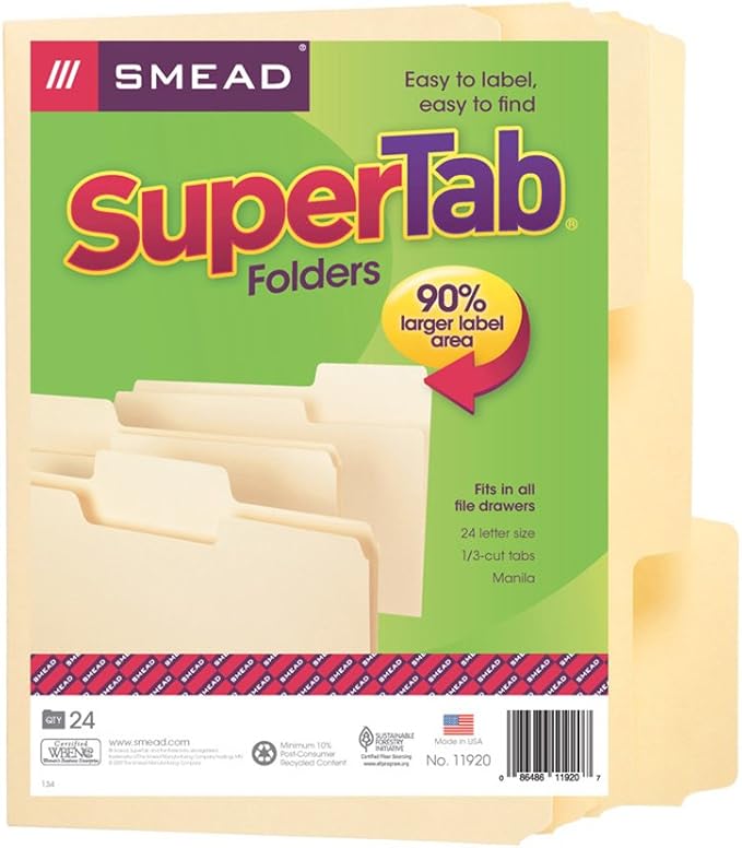 Smead SuperTab File Folder, Oversized 1/3-Cut Tab, Letter Size, Manila, 24 Per Pack (11920)