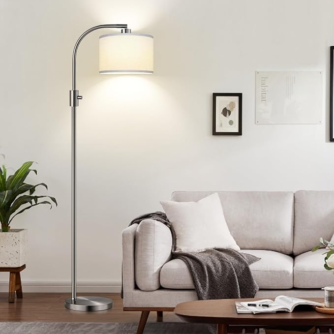 Nintiue Upgraded Modern Arc Dimmable Tall Standing Floor Lamp with Linen Shade, 1200 Lumens LED Bulb Included, for Living & Reading Room, Bedroom, Office & Nursery, Brushed Nickel