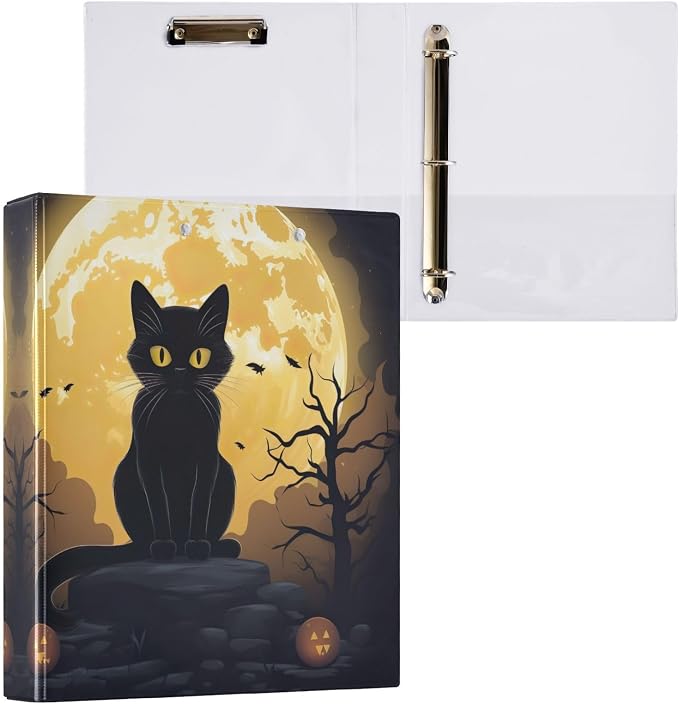 SPRIPORT Black Cat Moon 1.5 Inch 3 Ring Binder Holds 200 Sheets for Office Supplies Durable PVC Round Ring Binder with Interior Clear Pockets Clipboard Binder for Man Woman Home Work