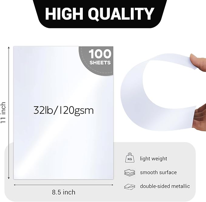 100 Sheets White Shimmer Paper 8.5 x 11 32 lb Bond 120 GSM | Goefun Double Sided Glossy Metallic Paper for Invitations, Certificates, Crafts