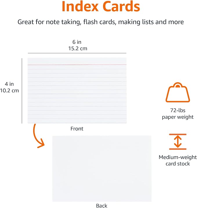 Amazon Basics Ruled Lined Index Cards for Notes, Studying, Flash Cards, White, 4" x 6", 100 Count (Pack of 60)