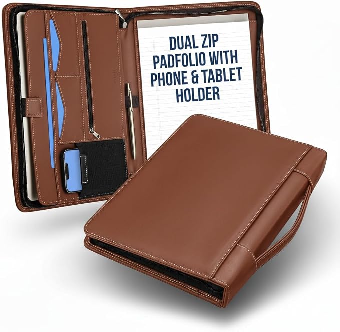 STYLIO Tan Zipper Padfolio Portfolio Binder w/Carrying Handle | Organizer for Documents, iPad, Tablet, Notebook | Business Leather Binder for Men Women (No 3-Ring Binder)