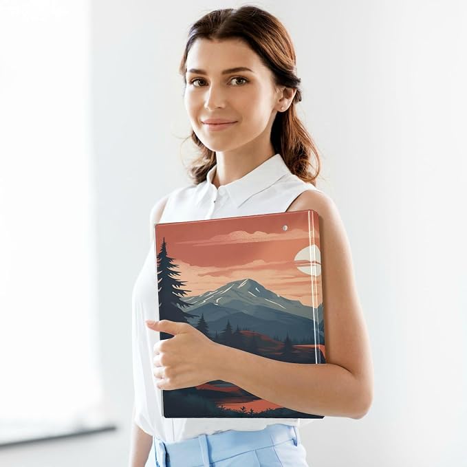 3 Ring Binder, Vintage Mountain Landscape Clipboard Binder with 2 Pockets, 1.5 Inch Three Ring Binder Heavy Duty Round Ring Binders for Office Supplies#95
