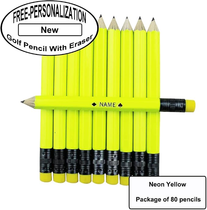 EZPENCILS & GIFTS - Golf Pencils Tipped with Eraser (1/2 a Pencil - Pew Pencils) - Neon Yellow Colored Barrel - FREE-PERSONALIZATION - 2HB Black Lead - Custom Text - Non-Smear Eraser – Package of 80