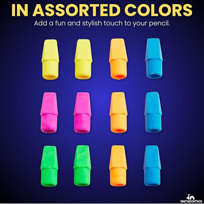 1InTheOffice Pencil Cap Erasers, Assorted Colors, Arrowhead Caps Tops Eraser, Eraser Cap for Art, Pencil Cap Set, 12 Pack (Assorted Colors, 36 Pack)