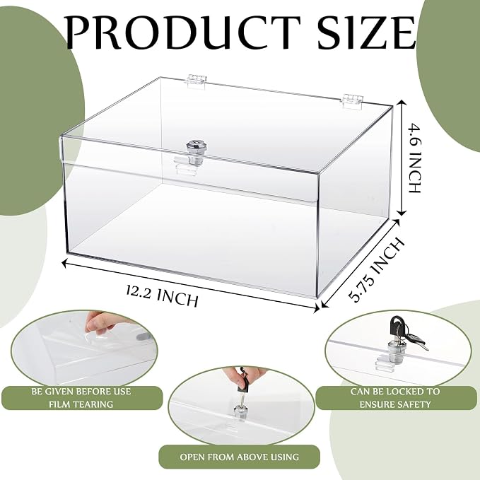 Clear Acrylic Locking Display Case with Keys Large Medication Lock Box Snack Fridge Lock Acrylic Figure Display Case Storage Box for Collectibles Figures Jewelry Toy(12.2" X 5.75" X 4.6")