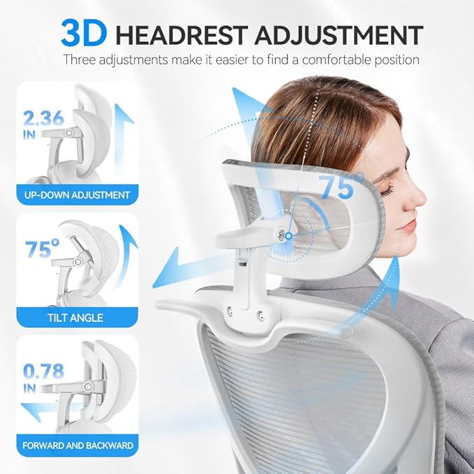 Ergonomic Office Chair, Mesh Home Office Desk Chairs with 3D Headrest | Freepub Computer Gaming Chair whit Adjustable High Back Lumbar Support, Executive Swivel chairs, 350LBS Capacity, Grey